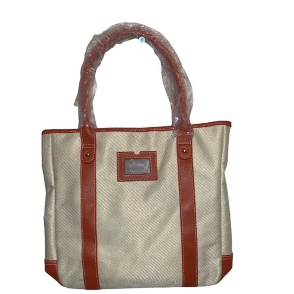 Estee Lauder Orange Leather Trim Cream Shoulder Bag Tote Purse with Pouch
